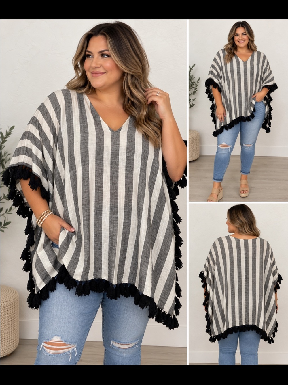Mud Pie Black & White Striped V-Neck Swim Cover-Up with Fringe
One size
